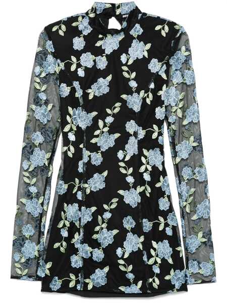 Rochii ROTATE Birger Christensen Black High Neck Mini Dress With Semi Sheer Sleeves And All-Over Floral Motif In Tech Fabric Woman Black Femei (BM 16825037) 1