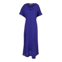 Rochii Blue Long Dress With Drapped High Neck And Short Wide Sleeves In Silk Woman Femei