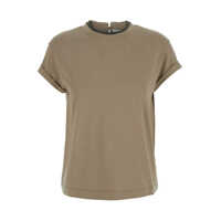 Tricouri Beige Crewneck T-Shirt With Monile Detail On The Neck In Cotton Blend Woman Femei