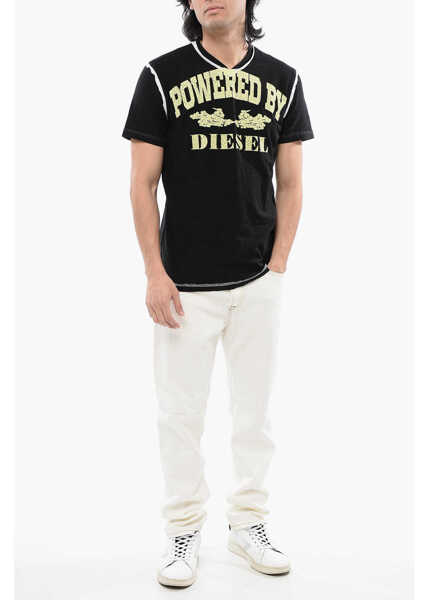 Tricouri Diesel Red Tag Slub Cotton T-Diegor-V-Raw T-Shirt With Cracked Effe Black Barbati (BM 16858731) 4