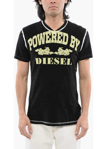 Tricouri Diesel Red Tag Slub Cotton T-Diegor-V-Raw T-Shirt With Cracked Effe Black Barbati (BM 16858731) 1