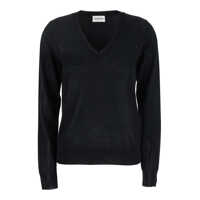 Pulovere Black V-Neck Long-Sleeved Sweater In Wool And Silk Blend Woman Femei