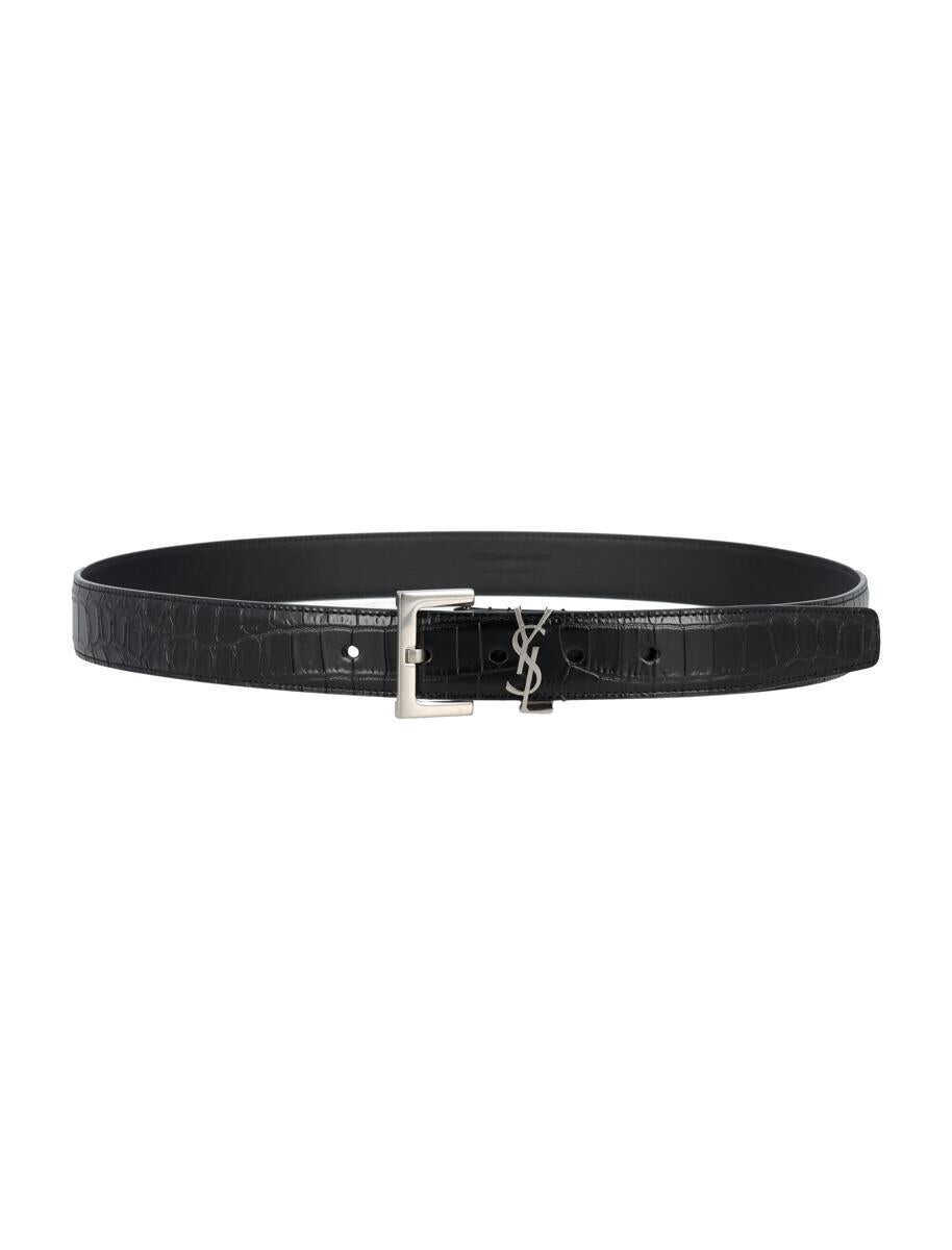 Curele Saint Laurent Saint Laurent Cassandre Belt In Crocodile-Embossed Leather Black Barbati (BM 16898381) 2