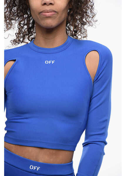 Bluze Off-White Solid Color Cold Shoulder Active Crop Top Blue Femei (BM 16904353) 3