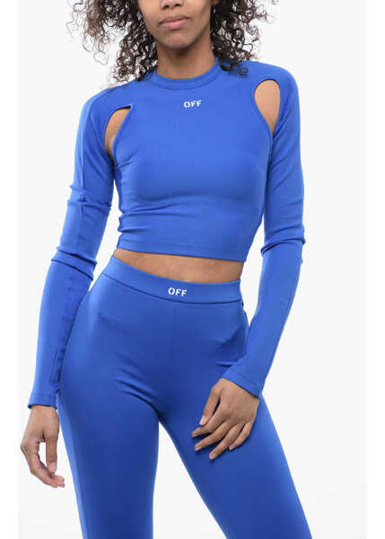 Bluze Off-White Solid Color Cold Shoulder Active Crop Top Blue Femei (BM 16904353) 1