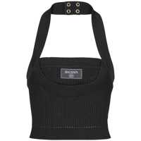 Topuri Balmain Black Ribbed Top With Logo Tag Femei