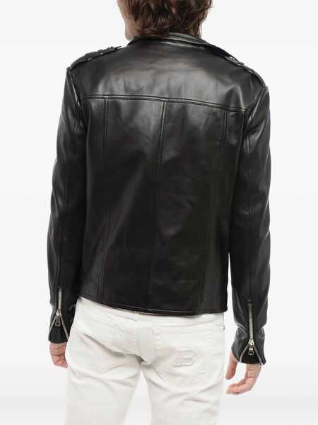 Geci de piele Balmain Front Draped Leather Jacket With Decentralized Zip Black Barbati (BM 16974922) 3