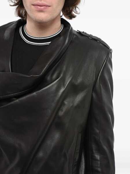 Geci de piele Balmain Front Draped Leather Jacket With Decentralized Zip Black Barbati (BM 16974922) 4