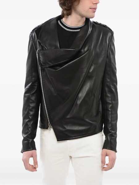 Geci de piele Balmain Front Draped Leather Jacket With Decentralized Zip Black Barbati (BM 16974922) 1