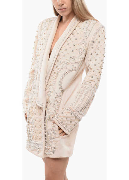 Sacouri Balmain Long Sleeved Blazer-Dress Embellished With Rhinestones And B Pink Femei (BM 16974928) 4