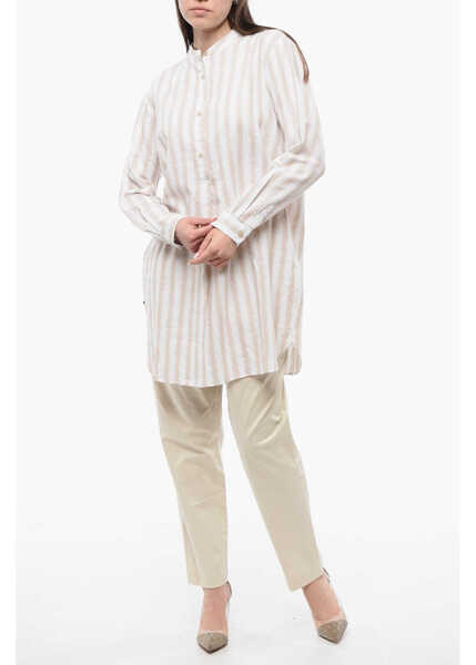 Bluze Woolrich Organic Cotton Blend Blouse With Front Pleat Beige Femei (BM 16988545) 4