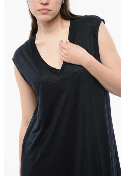 Rochii lungi Woolrich V-Neck Sleeveless Linen Dress Midnight Blue Femei (BM 16988758) 3