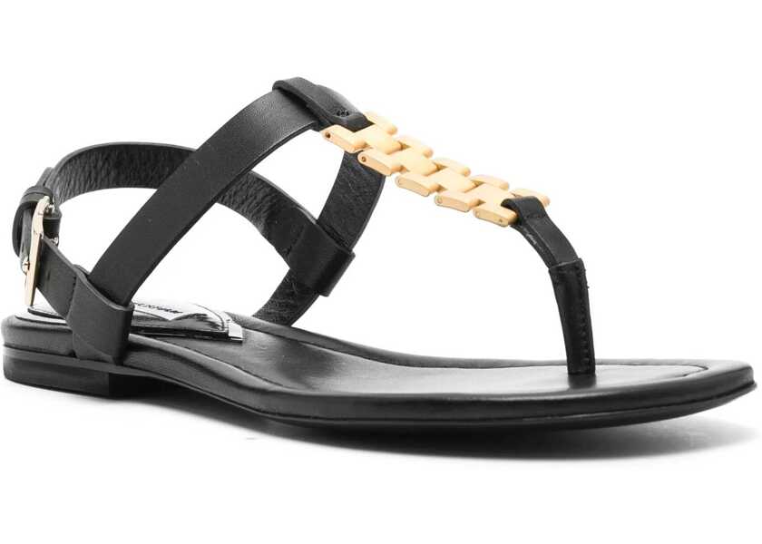 Sandale fara toc Victoria Beckham Leather Thong Sandals With Goldene Effect Detail Black Femei (BM 17012890) 2