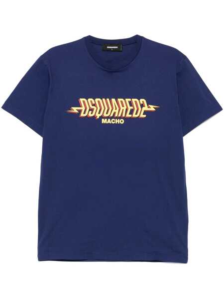 Tricouri DSQUARED2 Blue Crewneck T-Shirt With Logo Print On The Front In Cotton Man BLUE Barbati (BM 17020944) 1