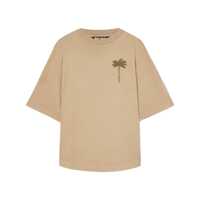 Tricouri Palm Angels Beige Cotton T-Shirt With Palm Print And Logo Barbati