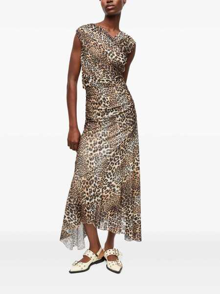 Rochii Ganni Brown Long Dress With All-Over Leopard Print And Asymmetric Hem In Tech Fabric Woman BROWN Femei (BM 17084932) 2