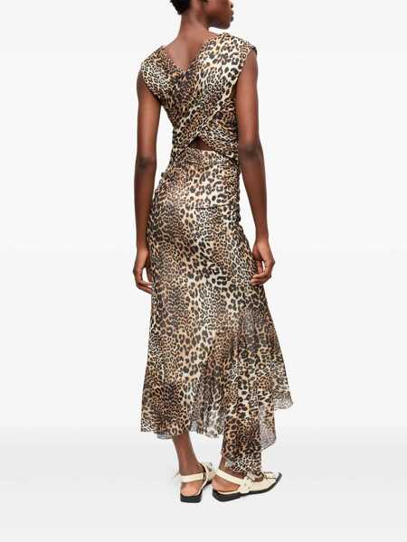 Rochii Ganni Brown Long Dress With All-Over Leopard Print And Asymmetric Hem In Tech Fabric Woman BROWN Femei (BM 17084932) 3