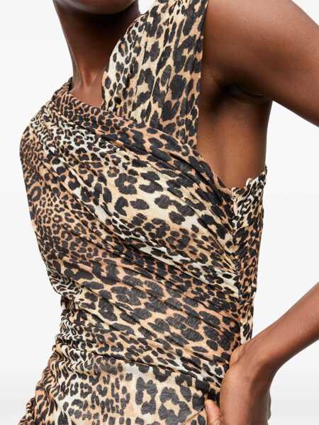 Rochii Ganni Brown Long Dress With All-Over Leopard Print And Asymmetric Hem In Tech Fabric Woman BROWN Femei (BM 17084932) 4