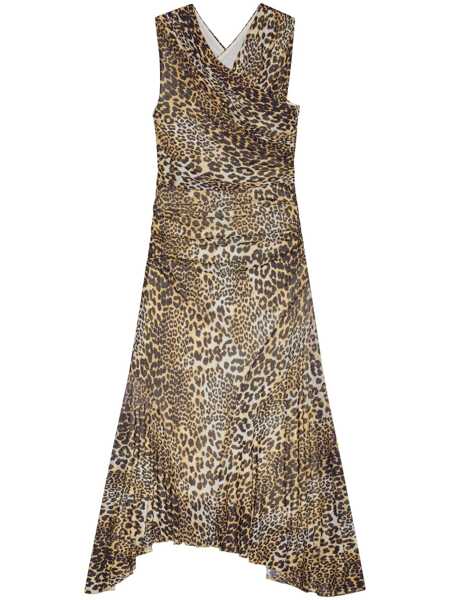 Rochii Ganni Brown Long Dress With All-Over Leopard Print And Asymmetric Hem In Tech Fabric Woman BROWN Femei (BM 17084932) 1