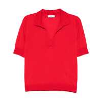 Tricouri Polo Red Polo With V-Neck And Short Sleeves In Virgin Wool Woman Femei