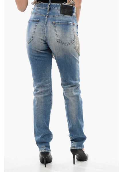 Blugi drepti DSQUARED2 Delav 642 Denims With Rhinestoned Fringes 16Cm Light Blue Femei (BM 17102057) 2