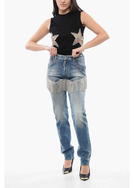 Blugi drepti DSQUARED2 Delav 642 Denims With Rhinestoned Fringes 16Cm Light Blue Femei (BM 17102057) 4