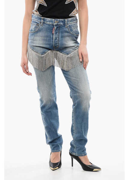 Blugi drepti DSQUARED2 Delav 642 Denims With Rhinestoned Fringes 16Cm Light Blue Femei (BM 17102057) 1