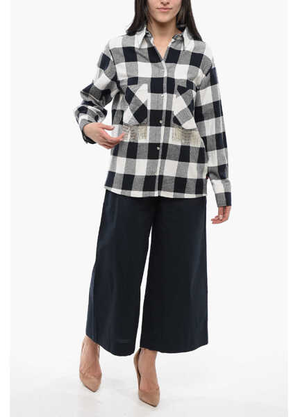 Camasi casual Woolrich Plaid Check Cotton Blend Shirt With Fringed Details Black & White Femei (BM 17102144) 4