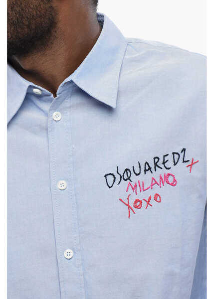 Camasi casual DSQUARED2 Embroidered Oxford Shirt With Layered Sleeves Light Blue Barbati (BM 17102459) 3