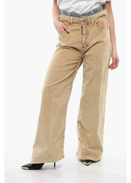 Pantaloni casual DSQUARED2 Corduroy 5-Pocket Trousers With Studded Denim Detail Beige Femei (BM 17102543) 1