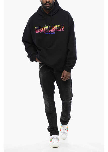 Bluze de trening DSQUARED2 Loose Fit Brushed Cotton Printed Hoodie Black Barbati (BM 17111171) 4