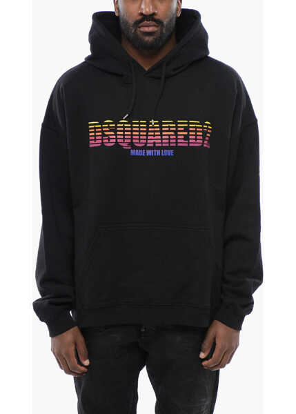 Bluze de trening DSQUARED2 Loose Fit Brushed Cotton Printed Hoodie Black Barbati (BM 17111171) 1