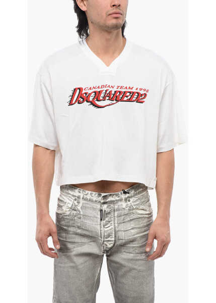 Tricouri DSQUARED2 Printed Football Fit Cropped T-Shirt Beige Barbati (BM 17111207) 1