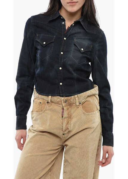 Camasi de blugi DSQUARED2 Dark Washed Denim Western Crop Shirt Blue Femei (BM 17112425) 1