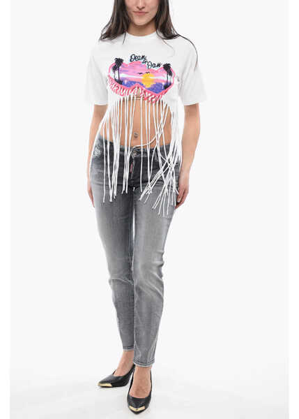 Tricouri DSQUARED2 Fringed Hem Spray Sunset Crop T-Shirt White Femei (BM 17112872) 4