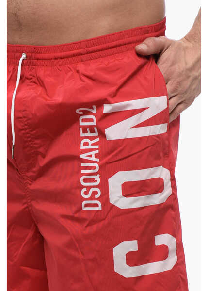 Sorturi de baie DSQUARED2 Icon Nylon Swim Shorts With Maxi Printed Logo Red Barbati (BM 17136704) 3
