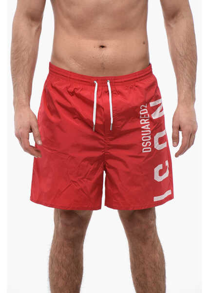 Sorturi de baie DSQUARED2 Icon Nylon Swim Shorts With Maxi Printed Logo Red Barbati (BM 17136704) 1