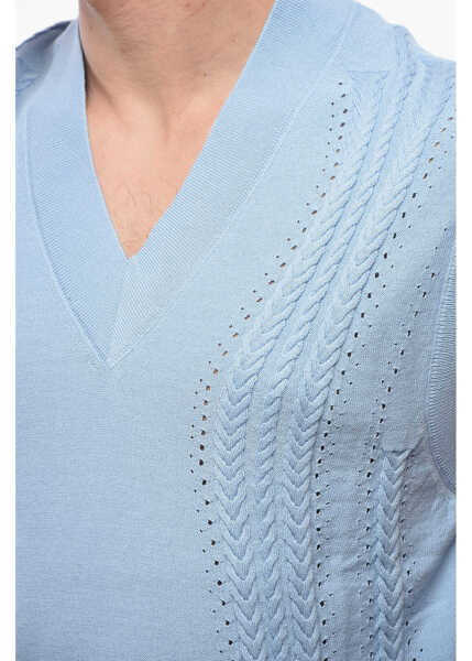 Veste costum Viktor & Rolf Cable Knit Cotton Blend Vest With V Neck Light Blue Barbati (BM 17137292) 3