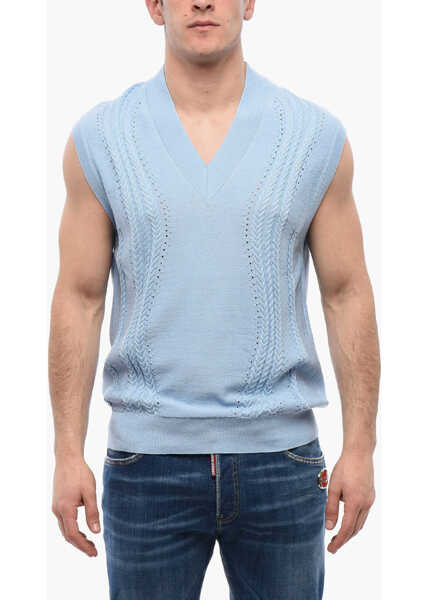 Veste costum Viktor & Rolf Cable Knit Cotton Blend Vest With V Neck Light Blue Barbati (BM 17137292) 1