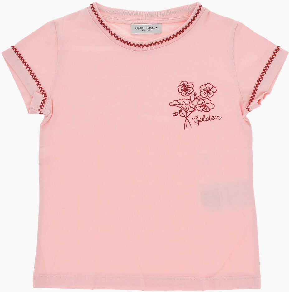Tricouri GOLDEN GOOSE KIDS Cotton Edna Crew-Neck T-Shirt With Flowers Embroidery Pink Baieti (BM 17227154) 1