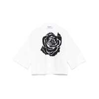 Camasi Blumarine Crop Shirt In White Cotton With Rose Printed Femei