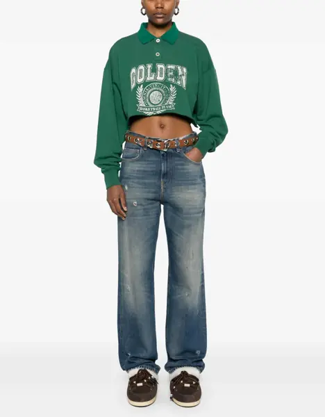 Tricouri Polo Golden Goose Cropped polo sweatshirt with logo print Green Femei (BM 17247551) 2