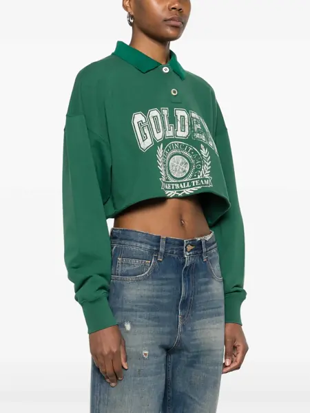 Tricouri Polo Golden Goose Cropped polo sweatshirt with logo print Green Femei (BM 17247551) 3