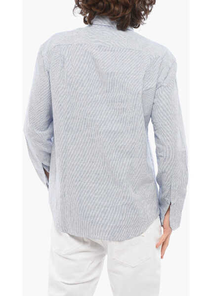 Camasi casual SALVATORE PICCOLO Striped Cotton And Linen Alberto Shirt With Spread Collar Blue Barbati (BM 17287171) 2