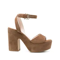 Pantofi cu toc Brown Sandals With Ankle Strap And Platform With Chunky Heel In Suede Woman Femei