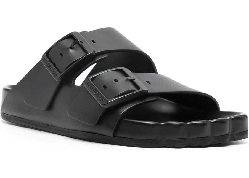 Sandale fara toc Balenciaga Leather Sunday Sliders With Double Buckle Black Femei (BM 17305270) 2