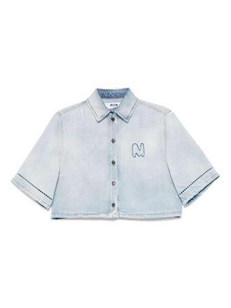 Camasi MSGM Light Blue Crop Shirt With Logo On The Front And Perforated Details In Denim Woman BLUE Femei (BM 17319672) 1