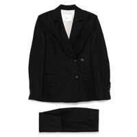 Rochii Black Double-Breasted Suit With Notched Revers In Linen And Viscose Blend Woman Femei
