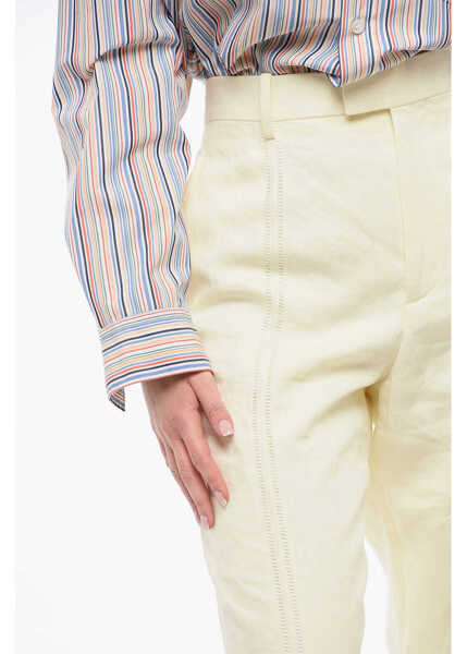 Pantaloni casual Bottega Veneta Pure Linen Pants With Embroidered Front Pince Yellow Femei (BM 17333257) 2