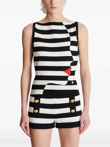 Topuri Balmain Balmain Knit Marinire Top With Face Motif BLACK/WHITE/RED Femei (BM 17358147) 5